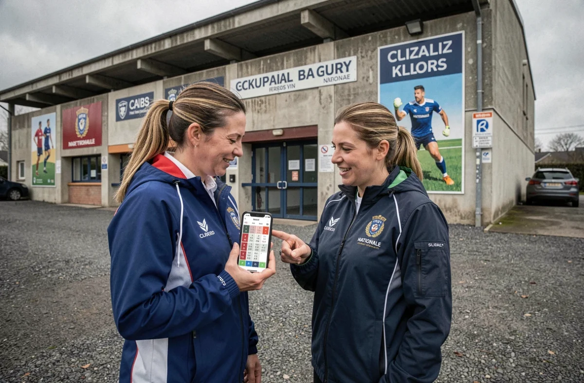 Deux supportrices consultant le calendrier du club en Nationale 2026 devant le stade