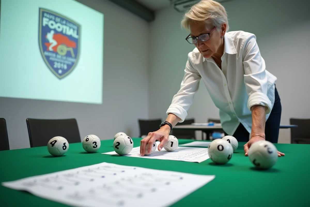 Table de tirage au sort avec balles numérotées et feuilles de tableau pour la Coupe de France en Pays de la Loire