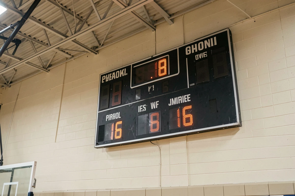 Tableau de score numérique d'un match de basket scolaire affichant le temps restant et le score en quatrième quart-temps