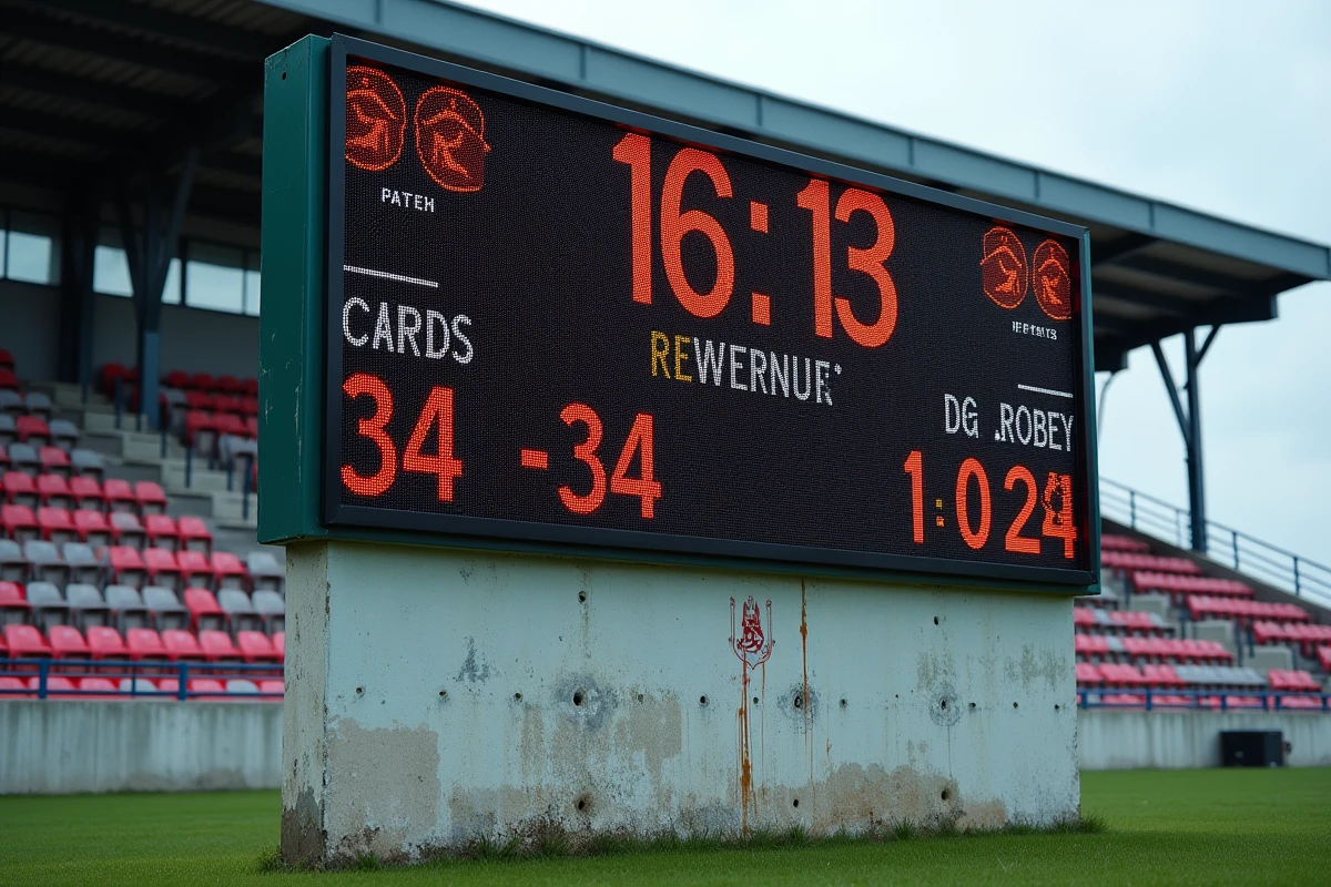 Tableau de score d'un stade de rugby régional affichant les résultats de Fédérale 1