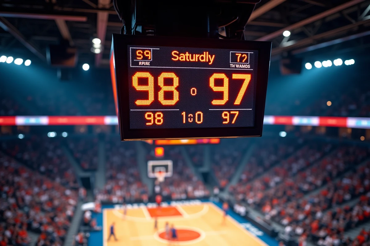 Tableau de scores d'un match de basket affichant les dernières secondes d'un quart-temps dans une grande salle de sport