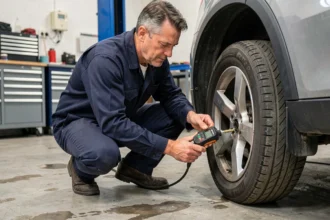 Technicien automobile vérifiant la pression d'un pneu avec un manomètre numérique dans un garage, conversion bar et psi