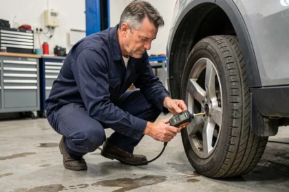Technicien automobile vérifiant la pression d'un pneu avec un manomètre numérique dans un garage, conversion bar et psi