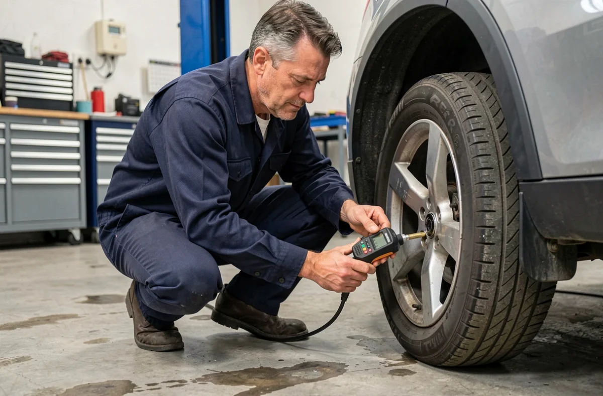 Technicien automobile vérifiant la pression d'un pneu avec un manomètre numérique dans un garage, conversion bar et psi