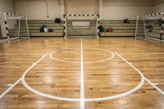 Vue complète d'un terrain de handball pour club amateur dans une salle polyvalente avec marquages au sol et buts réglementaires
