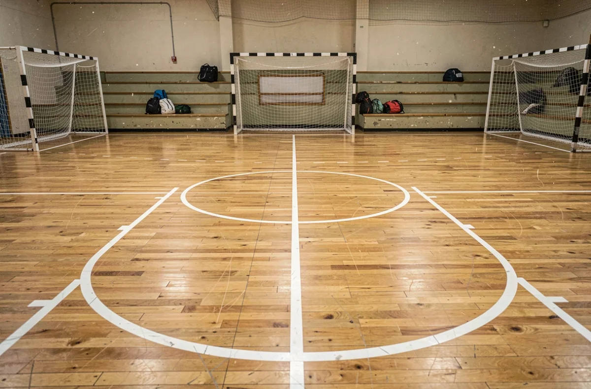 Vue complète d'un terrain de handball pour club amateur dans une salle polyvalente avec marquages au sol et buts réglementaires