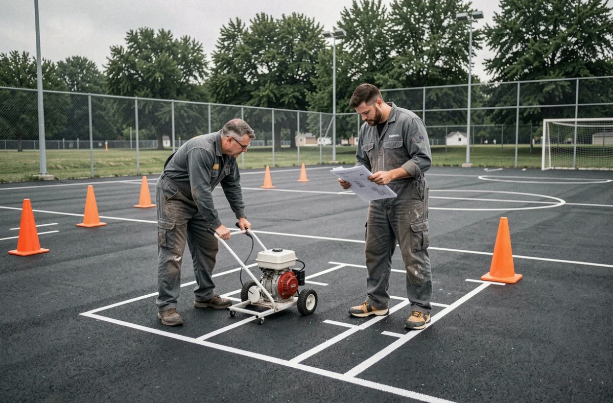 Ouvriers traçant les lignes réglementaires d'un terrain de handball extérieur dans un complexe sportif municipal