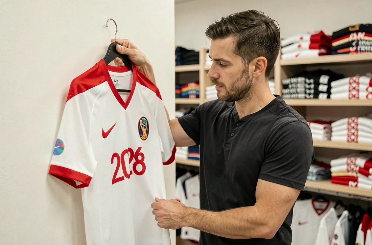 Homme inspectant un maillot Nike officiel Coupe du Monde 2026 dans un magasin de sport, vérifiant l'étiquette holographique d'authenticité