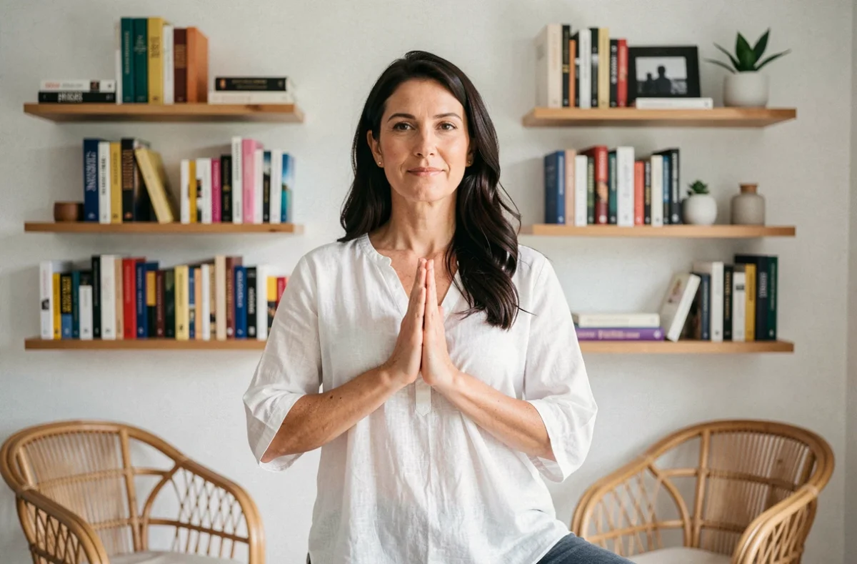Professeure de yoga Viviane Khaski en pose de l'arbre dans son espace d'enseignement privé