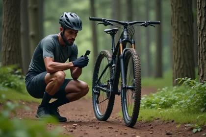 V&eacute;t&eacute;tiste homme v&eacute;rifiant la pression des pneus en for&ecirc;t