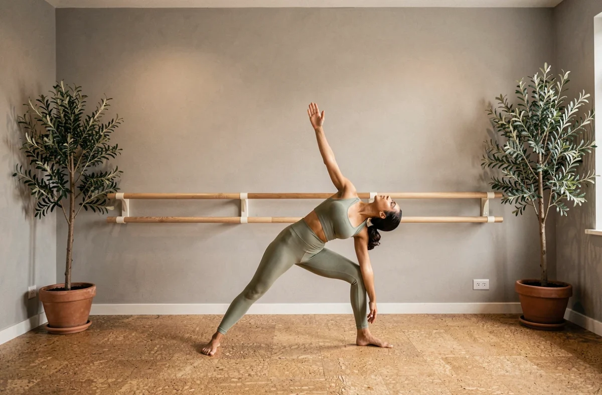 Pratiquante en demi-lune dans le cadre épuré et chaleureux du studio Yafa Yoga